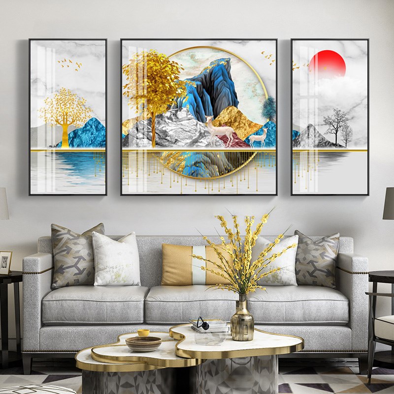 祥鱼福鹿组合动物客厅背r景墙装饰画晶瓷三联画大气晶钻画轻奢挂图片