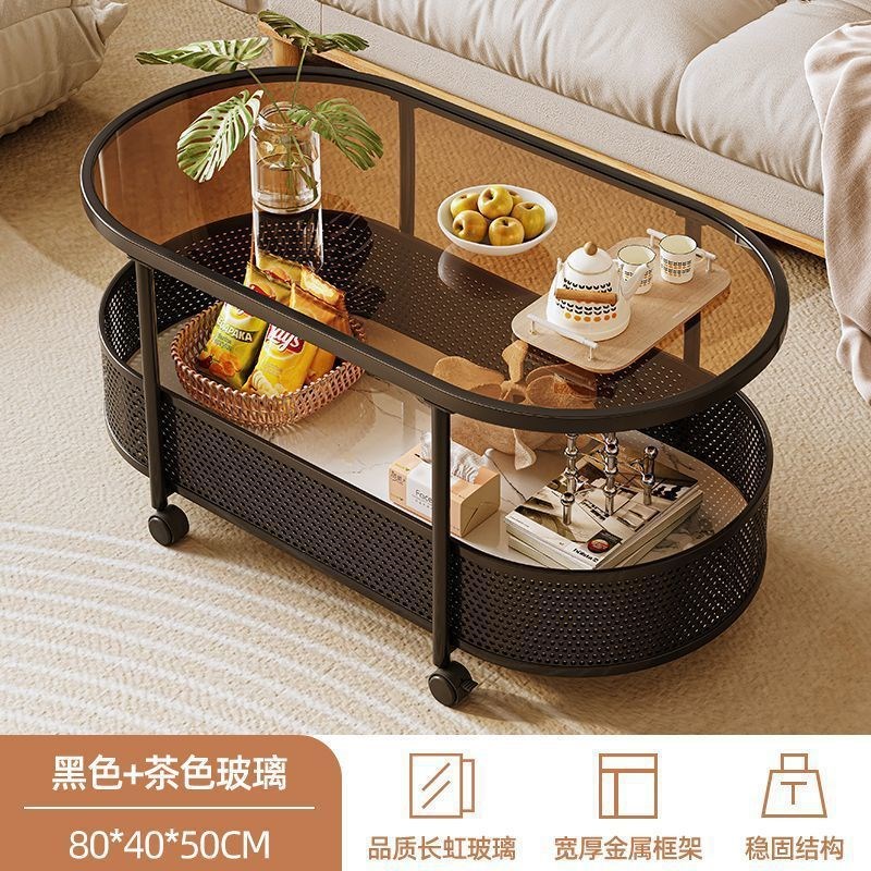 客厅奶油茶几现代简约带轮边几移动小桌子创意玻璃小.推车置物架