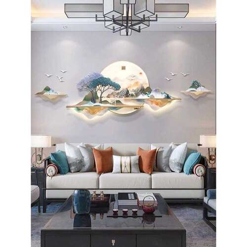 3d立体浮雕e客厅装饰画山水灯光大气墙面壁画沙发背景墙新中式挂