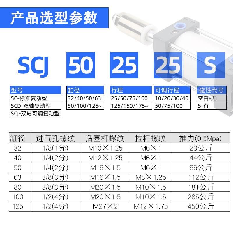 亚德客准可调行程气缸SCJ32/40/50/6标3/80/100/125/160X25X0-525 3C数码配件 USB风扇 原图主图