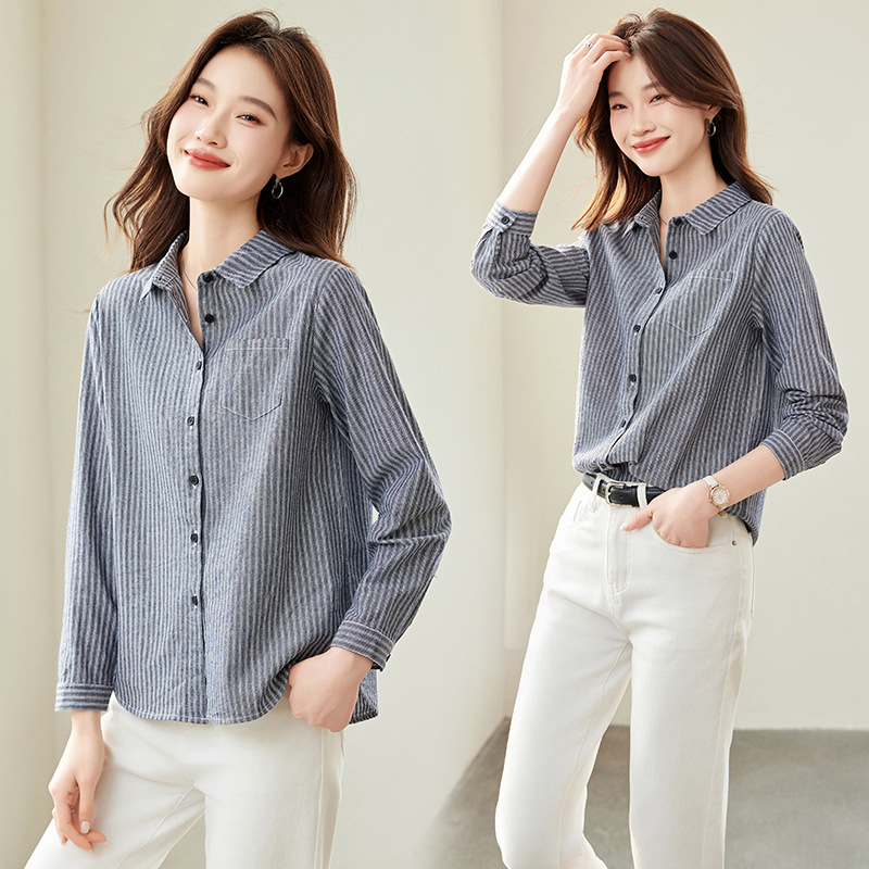 广州普宁衬衫女轻奢高级感2025新款秋季短款竖条纹棉上衣长袖衬衣