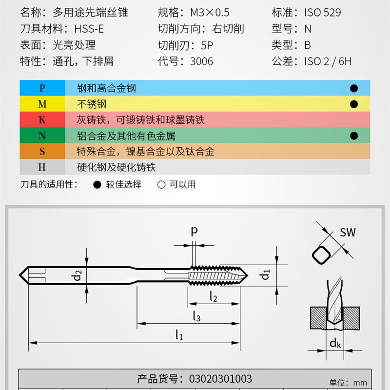 巴霍巴利多用途机o用丝锥不锈钢丝攻m6攻牙攻丝钻头螺纹丝攻