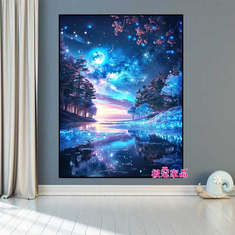 蓝色星空钻石画满钻客厅砖石贴画新款唯美风景手工diy.点钻十字绣
