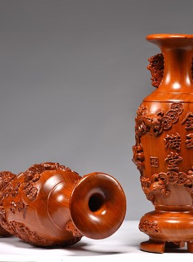 花梨木雕金玉满堂花瓶摆件家居A电视柜插花装饰工艺品新居乔迁送