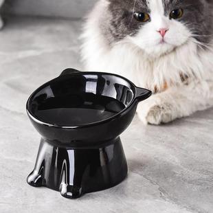 黑碗猫咪黑色猫碗猫食盆陶瓷宠物喝水碗饭碗高脚斜口碗防打翻护颈