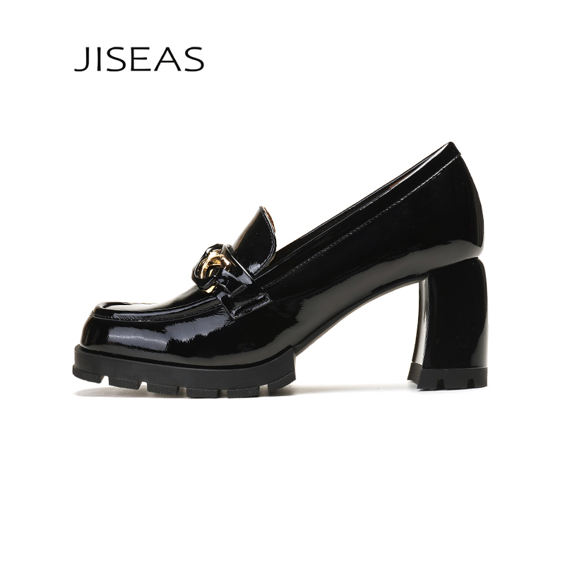 JISEAS粗高跟漆皮气质乐福鞋女