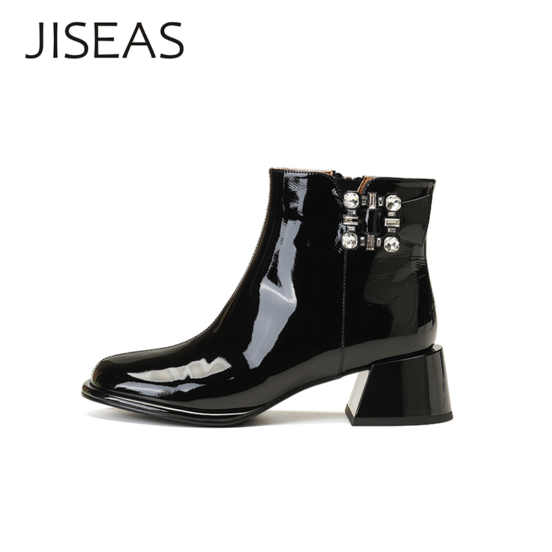 JISEAS设计师水钻真皮粗跟短靴