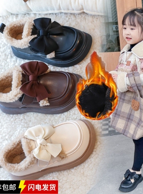 真皮女童棉鞋冬季新款儿童加绒乐福鞋小女孩公主棉鞋保暖软底皮鞋