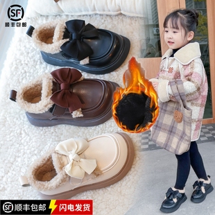 真皮女童棉鞋冬季新款儿童加绒乐福鞋小女孩公主棉鞋保暖软底皮鞋