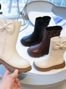 女童皮靴秋冬新款儿童公主靴中筒靴女宝靴子加绒软底马丁靴子长靴