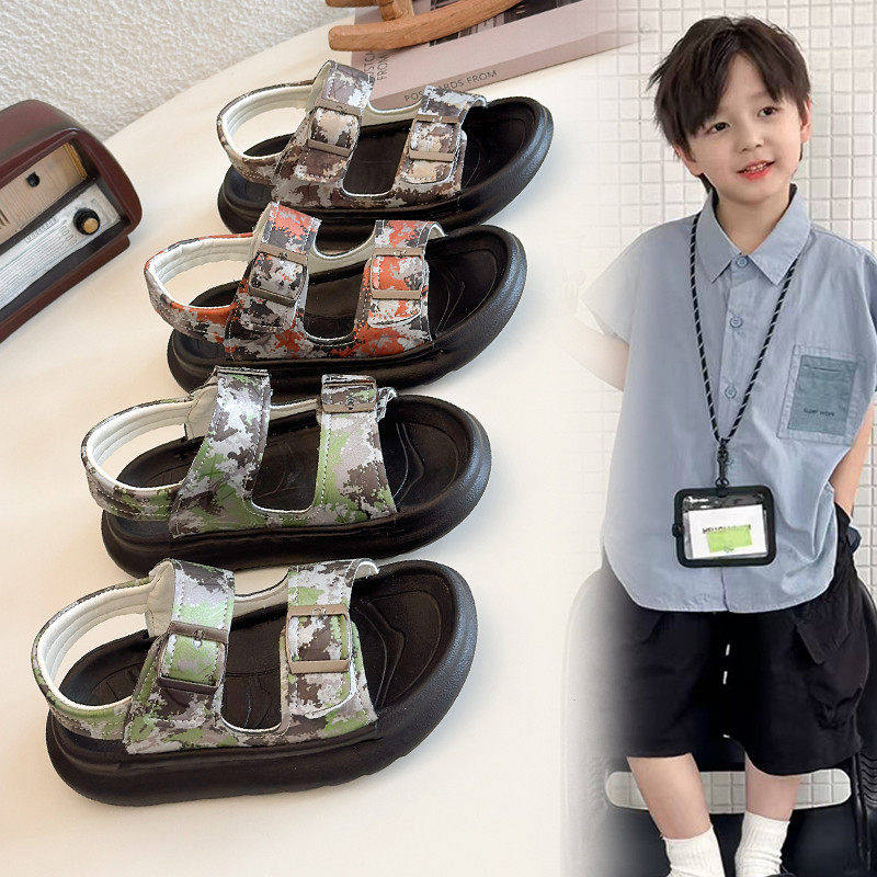 真皮儿童沙滩凉鞋2026夏季新款男孩软底百搭休闲凉拖鞋迷彩沙滩鞋