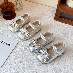 女童皮鞋2025春秋新款儿童软底豆豆鞋时尚洋气水钻公主鞋演出单鞋
