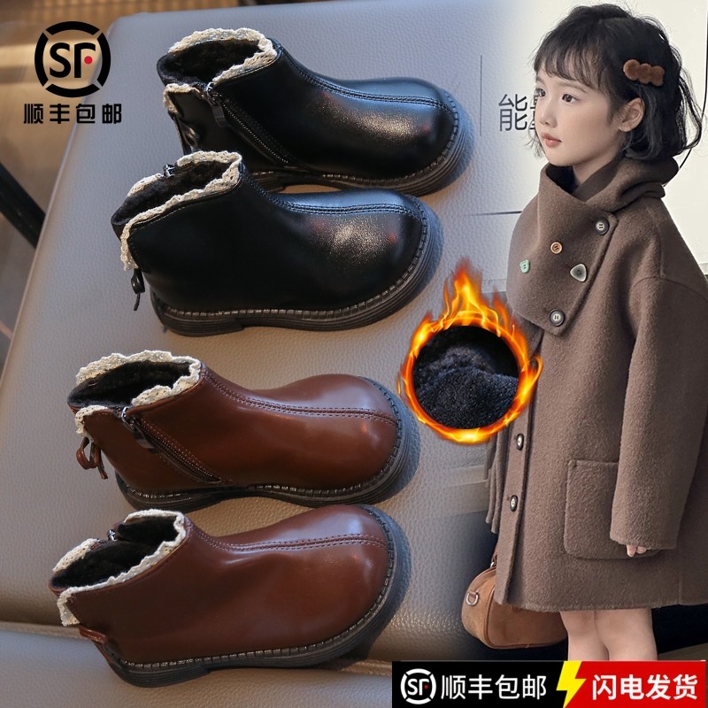 真皮女童马丁靴冬季新款儿童加绒皮靴洋气女宝宝公主靴保暖棉短靴