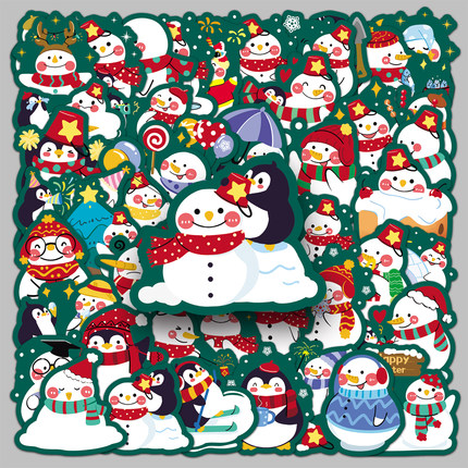 100张原创雪人企鹅卡通贴纸圣诞氛围INS风清新小图案行李箱笔记本电脑桌面手机壳保温杯装饰高清印刷防水贴纸