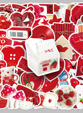 100张红色ins风手帐贴纸咕卡女孩diy礼物氛围布置防水涂鸦装饰笔记本电脑奶茶杯文具吉他相册笔记本手机贴纸