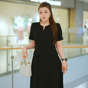 收腰连衣裙 大码 XYD71615气质小V领显瘦短袖 贵气假两件轻奢修身