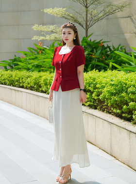 XYD71632/XYD71633中式花边红色短袖上衣A子裙气质套装大码女装