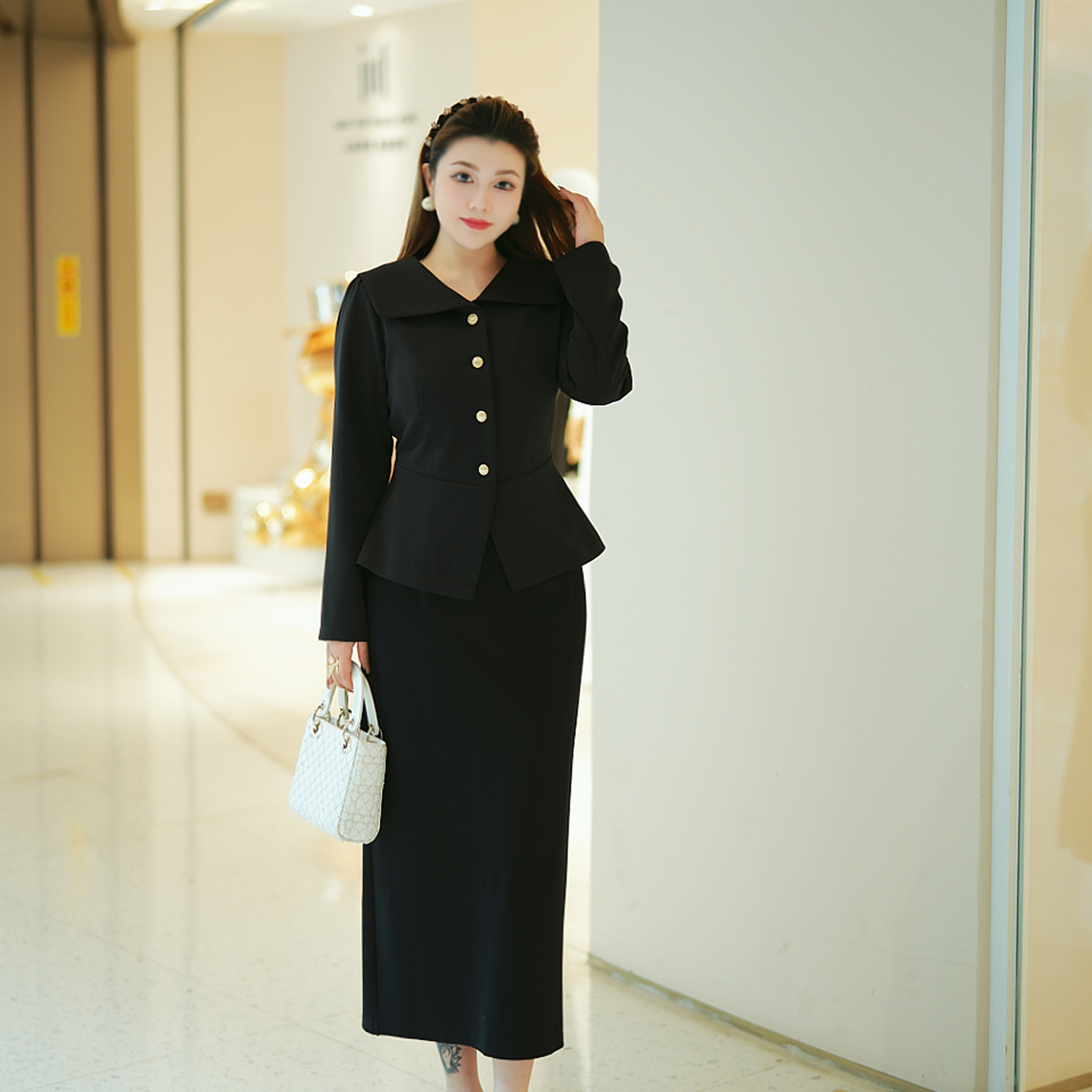 XYD71718/XYD71349黑色套装优雅大方海军领高智感两件套大码女装