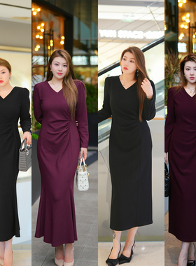 XYD71250早秋新款复古高级高腰修身赫本风显瘦长款大码鱼尾连衣裙