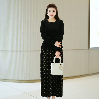 XYD71705/XYD71780轻奢气质大码女装丝绒上衣丝绒波点半身裙套装