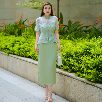 XYD71607/XYD71608中式大码旗袍两件套国风清冷上衣垂坠感半身裙