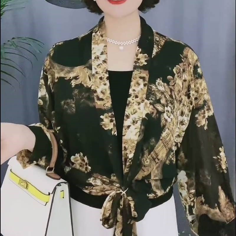 寒选亿百货店2022新款雪纺冰丝防晒衣宽袖M印花披肩百搭洋气 外套