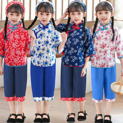 村姑服装儿童采茶服农村衣服女童民国秧歌农民表演服阿庆嫂演出服