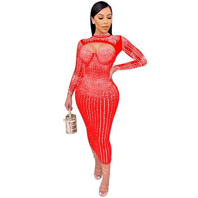 C5842跨境新品欧美时尚女装Party夜店网纱透视烫钻镶钻吊带连衣裙