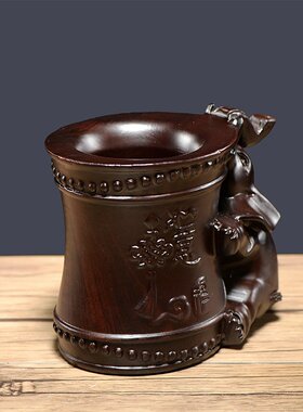 黑檀木雕刻吉祥如意大象笔筒摆件办公桌书房复古收纳创意红木笔筒