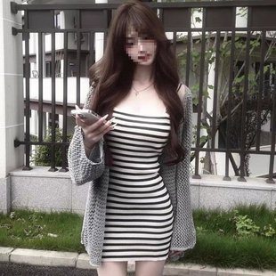 2025年夏季美式辣妹针织条纹吊带包臀连衣裙短款开衫纯欲两件套装