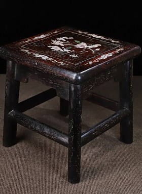 回流旧藏花梨木j镶嵌贝壳小板凳镶嵌七彩贝壳喜上眉梢凳子摆件