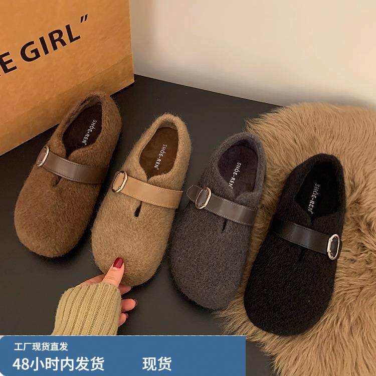 内增高！复古小众厚底勃肯鞋毛毛鞋女秋冬保暖棉鞋雪地鞋加绒单鞋