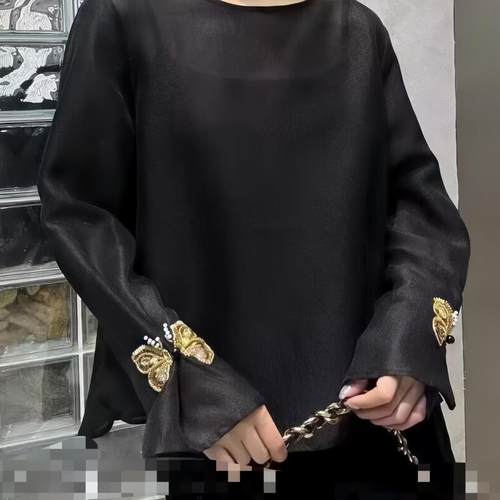 欧洲站2026年春夏新中式国风蝴蝶钉珠人丝衬衫女宽松大码洋气上衣