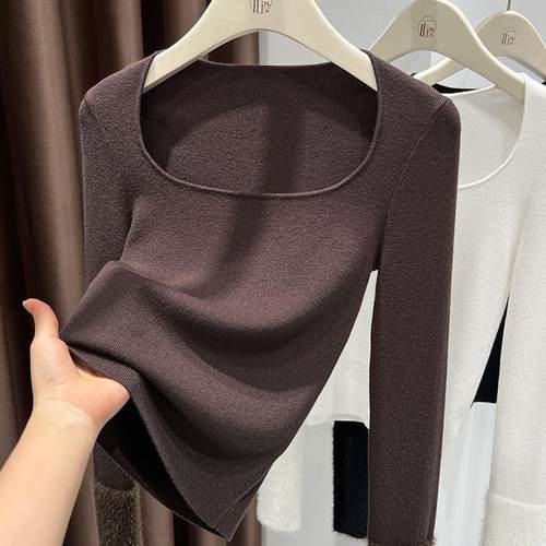 方领长袖弹力修身打底衫T恤女秋冬新款韩系穿搭拼接毛绒袖口上衣