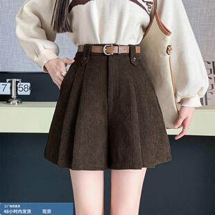 毛呢百褶短裙裤半身裙裤女灯芯绒a字短裤2025秋冬新款靴裤裙