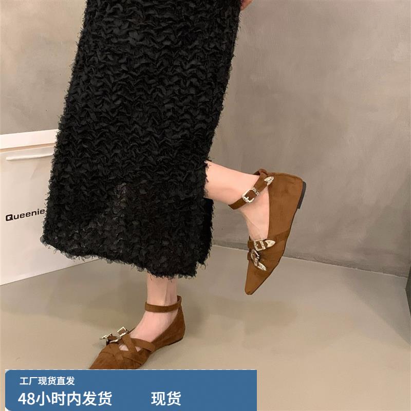 内增高尖头玛丽珍单鞋女鞋子2025新款春秋季复古绒面配裙子小皮鞋