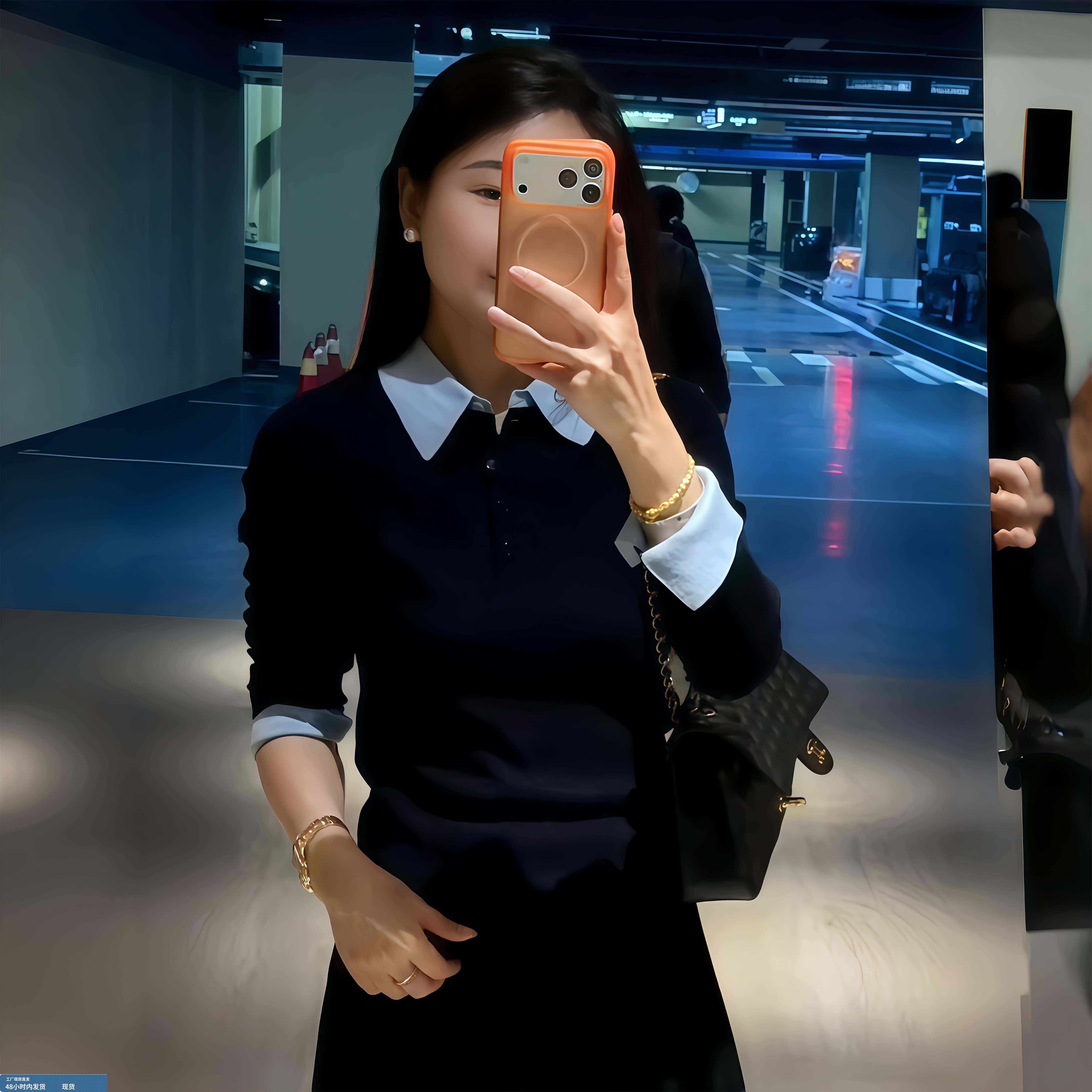 大码女韩系翻领藏青色假两件针织衫秋季微胖MM修身内搭打底衫上衣