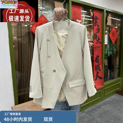 设计感天丝西装欧货2025春新款时尚V领侧纽扣羊毛西服外套女88250