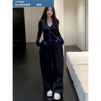 时尚简约撞色V领针织开衫女2025年秋季新款气质修身显瘦短款上衣