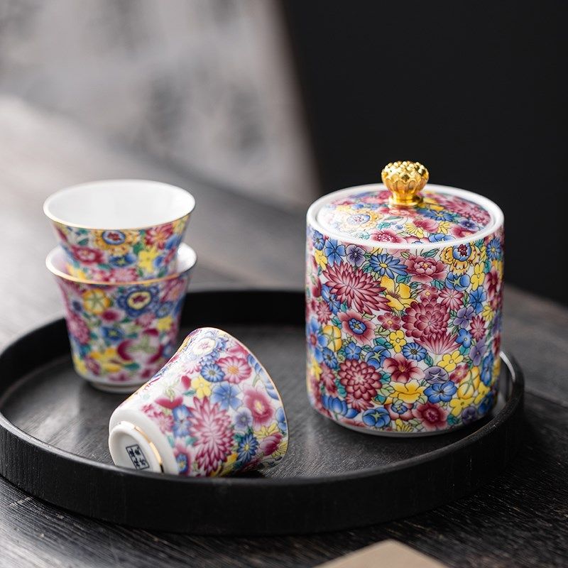 珐琅彩百花争艳陶瓷功夫旅行茶具套装户外干泡茶台茶W壶茶杯便携,餐饮具,功夫茶具,淘宝优惠券,粉丝福利购,淘宝优惠卷