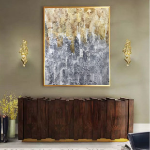 玄关 饰画J现代简约轻奢北欧风格 纯手绘油画 新古典金色抽象肌理装