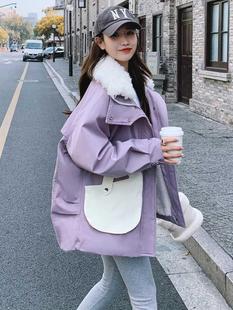 紫色羊羔毛派克服棉服外套女冬2024年新款 韩系加绒加厚高级感炸街