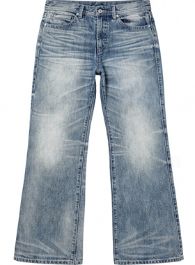 SHIIN 'Lysis' 溶解蜂窝猫须内华达vintage水洗微喇冰蓝646牛仔裤
