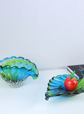 地中海酒店前台水晶摆件工艺品绿蓝色树叶收纳G盘托盘大果盘装饰