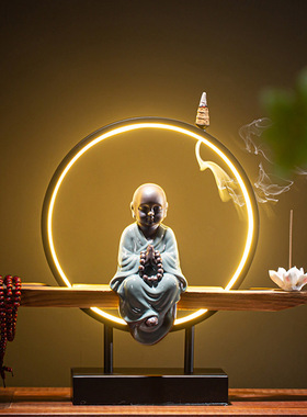 创意灯圈陶瓷大和尚沙弥倒流香炉禅意人物家居摆件客厅玄关