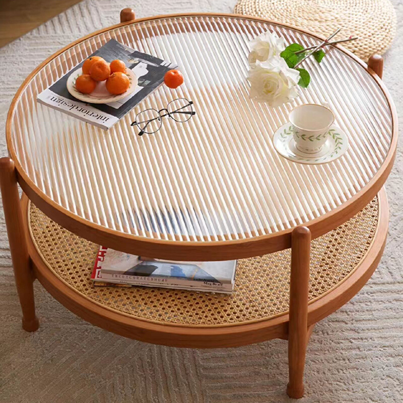 原木风日式实木长虹玻璃茶几客厅家用樱桃木色藤编圆形沙发边几桌