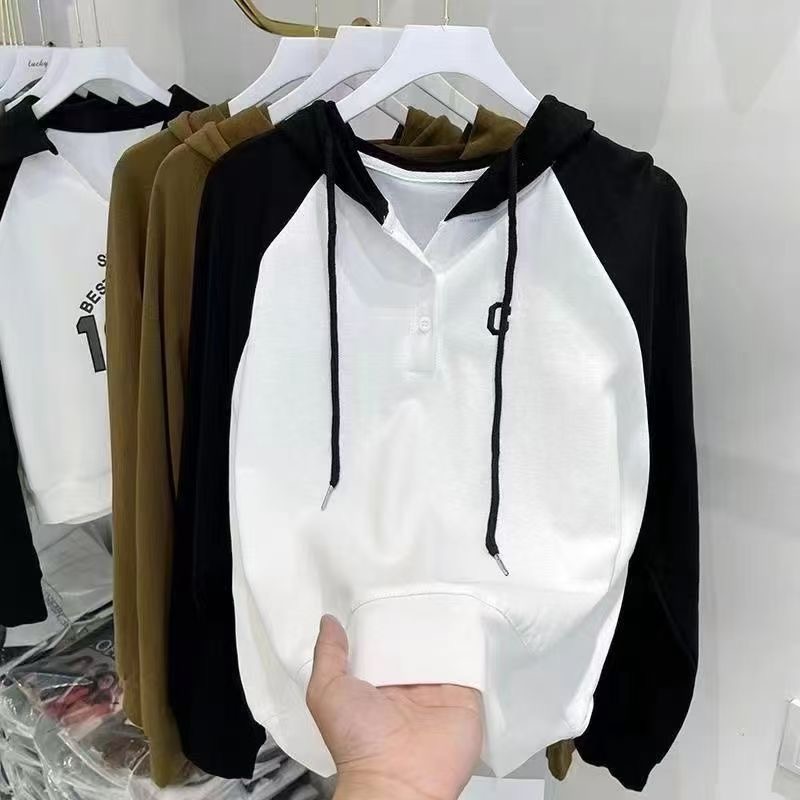 连帽拼色卫衣女2025春秋季新款韩版大码宽松oversize慵懒风上衣潮