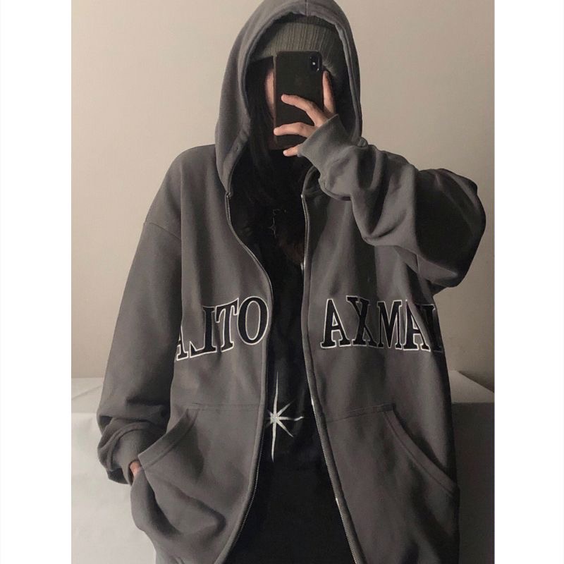 美式复古高级感开衫oversize宽松外套女秋冬款韩版潮流连帽卫衣女