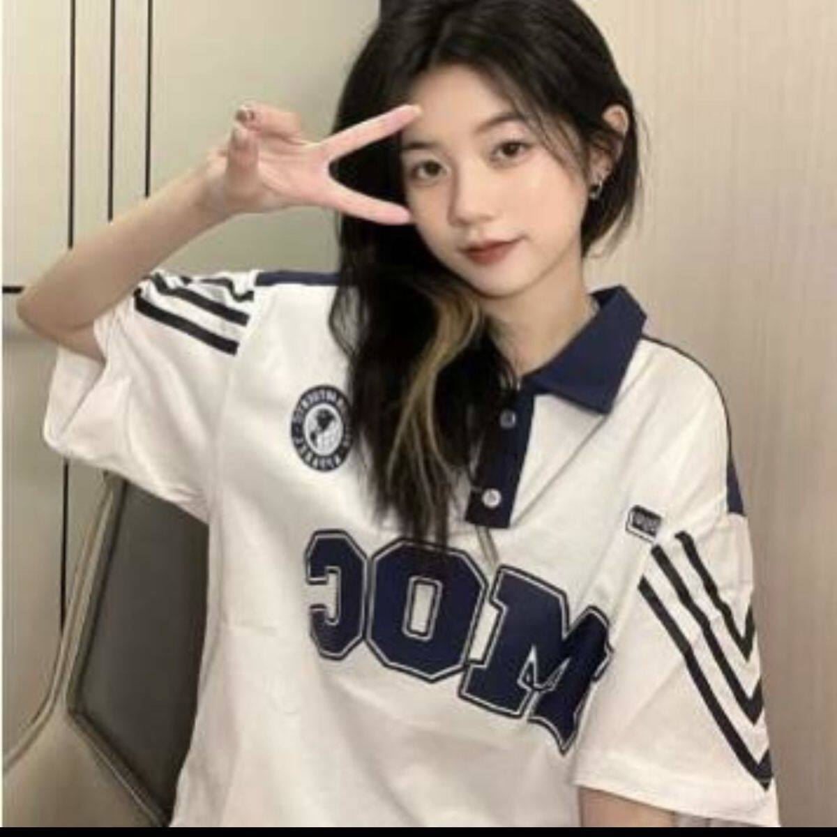 学院风拼色polo领学生短袖t恤女夏季新款韩版宽松立领半袖上衣女