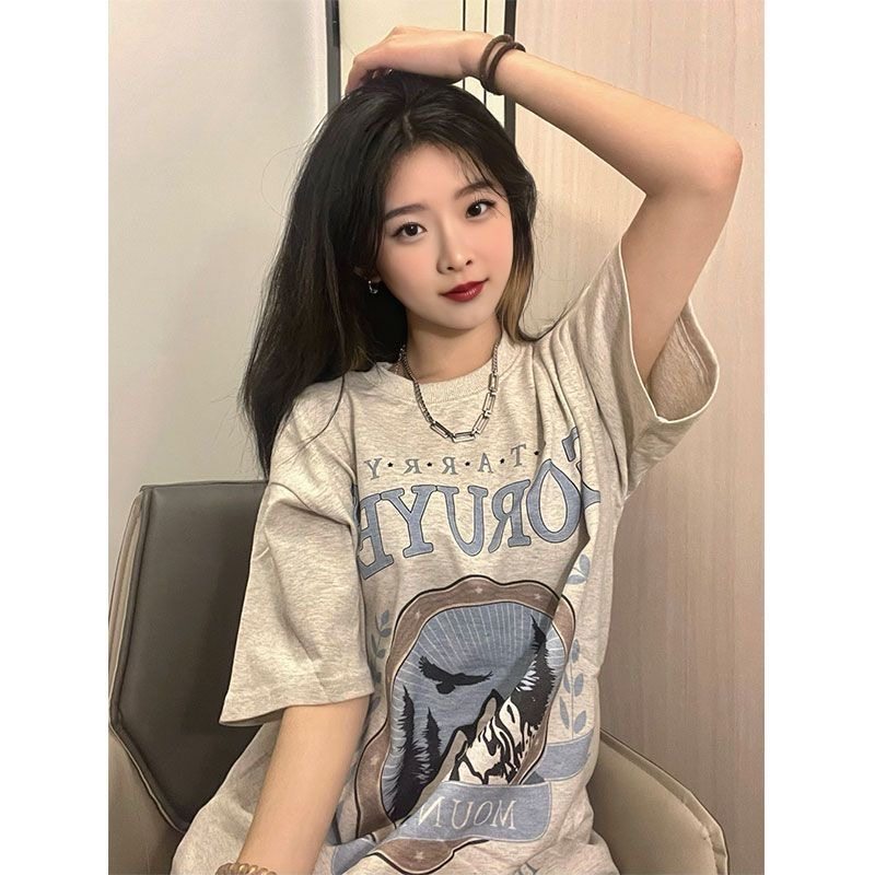 美式复古山脉百搭短袖t恤女2023年夏季新款宽松潮流圆领半袖上衣,女装/女士精品,T恤,淘宝优惠券,粉丝福利购,淘宝优惠卷